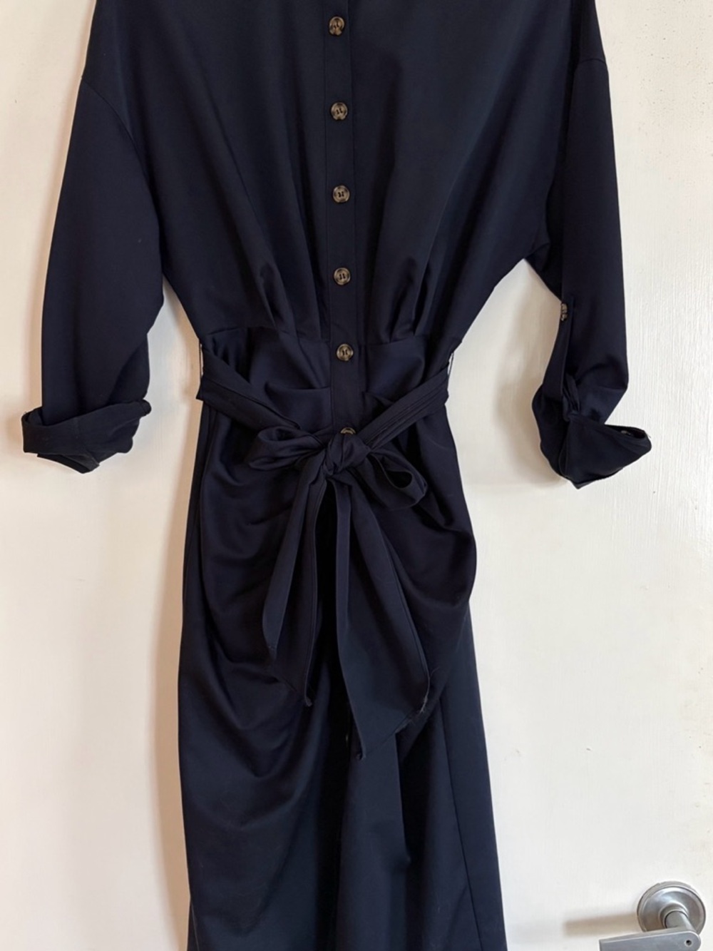 ANTONIO MELANI Navy Long-Sleeve Button Front Tie-Waist Dress